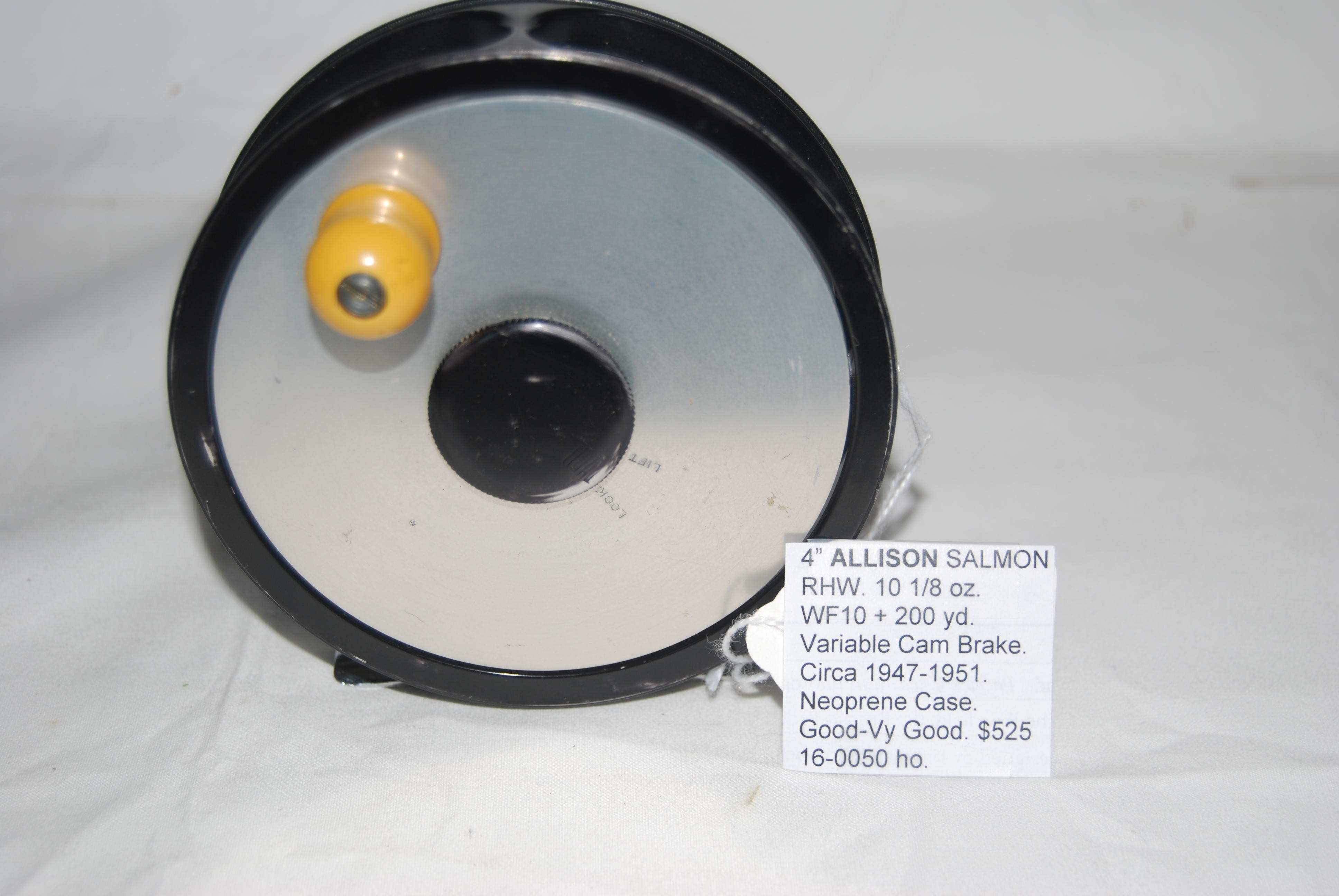 Image for 4” ALLISON SALMON REEL. RHW. 10 1/8 oz. Cap. WF-10 + 200 yd. Spool Width 7/8 in. Marked on back plate: “Allison / Reel /Arnold Products / Boston 15, Mass / USA / Pat. Appl’d for.”